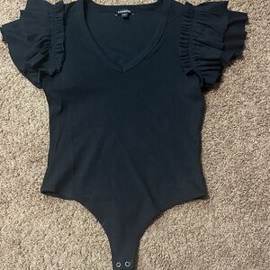 Express Black V-Neck Ruffle Bodysuit